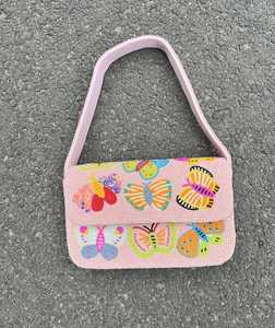Handmade Pink Beaded <b>Handbag</b> Rectangular Shape Colorful Butterfly Embroidery Craft Purse - Product Image 3