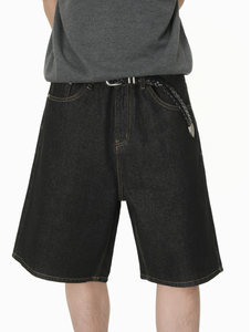 Men's High Waist Dark Blue Denim Bermuda Shorts <b>Button</b> <b>Fly</b> Casual Style Solid Color Cotton Woven Breathable - Product Image 2