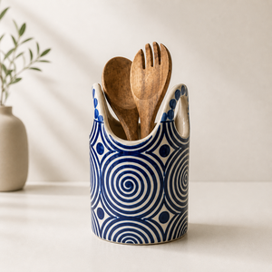 Hand Painted Stoneware <b>Utensil</b> <b>Holder</b> Spiral Pattern Cut Rim Design Durable Heat Resistant <b>Kitchen</b> Counter Storage Organizer - Product Image 1