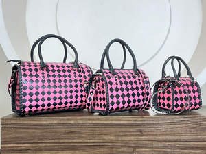 Designer Pink & Black Checkered Hand Tooled Leather Small Speedy <b>Bag</b> Compact <b>Women</b> Top Handle Mini <b>Shoulder</b> Crossbody Duffel <b>Bag</b> - Product Image 5