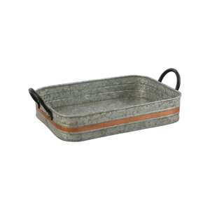 Plateau de service rectangulaire en métal galvanisé avec bordure en bois et poignées noires, finition solide pour usage résidentiel, plateau de service pour boissons - Product Image 1