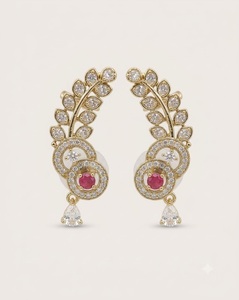 Boucles d'oreilles Ear Cuff pour femmes, motif feuille et cercle, avec pierres rondes scintillantes, bijoux de mode pour soirée, vente en gros - Product Image 1