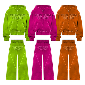 Al por mayor, Conjuntos de chándal de felpa 100% algodón con bordado desgastado y efecto lavado ácido, Pantalones de chándal acampanados para invierno, Chándal con pedrería - Product Image 1