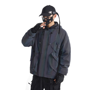 <b>Men's</b> Hooded Reflective Windbreaker <b>Jacket</b> Gradient Color PU Coated Streetwear Zipper Closure <b>Lightweight</b> Autumn Wear - Product Image 2