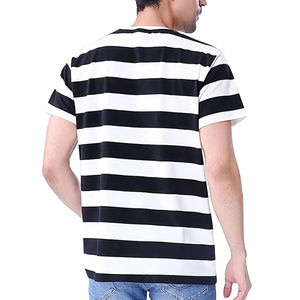 Camiseta de Manga Corta a Rayas para Hombre, Cuello Redondo, Corte Regular, Informal, de Algodón Tejido, Color Negro y Blanco - Product Image 3