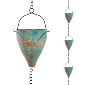 Cadena de Lluvia de Cobre Puro Hecha a Mano con Diseño de Tulipán, 8.5 pies, Acabado Patina Verde Azulado, Reemplazo de Bajante de Canalón, Decoración de Jardín - Product Image 3