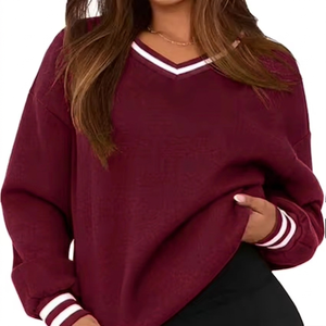 Sweat-shirt imprimé oversize à col en V et épaules tombantes pour femme, couleur unie, manches longues, en coton tricoté, pull d'hiver, collection automne ODM - Product Image 1