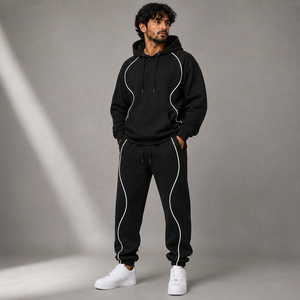Ensemble de survêtement noir à capuche pour homme avec sweat à capuche et pantalon de jogging à bordure contrastante blanche, vêtements de sport décontractés - Product Image 3