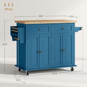 Carrello da Cucina Turchese con Piano in Legno di Gomma, Porta Spezie, Portasciugamani e Cassetti - Product Image 3