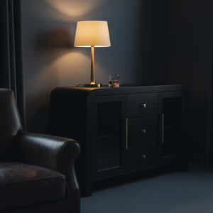 Aparador para Sala de Estar, Mueble Buffet con Tres Cajones Centrales y Dos Puertas Laterales con Frente de Vidrio, Diseño Moderno en Colores Dinámicos - Product Image 3