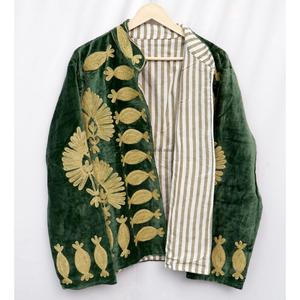 Vintage Green Velvet Embroidered Eco-Friendly <b>Reversible</b> Unisex <b>Coat</b> Mandarin Collar Three Quarter Sleeve All Seasons Outerwear - Product Image 3