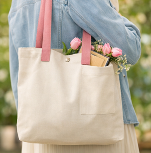 Custom Logo Cotton Canvas Tote <b>Bag</b> Large Size Pink Handles Button Closure Reusable Shopping <b>Bag</b> for Women Daily Use - Product Image 1