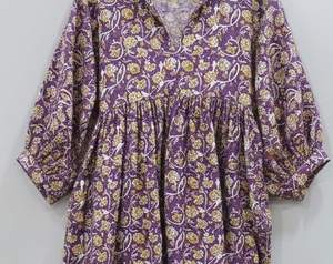 Vestido Túnica Midi de Algodón 100% Hecho a Mano para Mujer |   Blusa Formal de Oficina con Estampado Floral, Cuello en V, Mangas Abullonadas y Silueta en A - Product Image 3