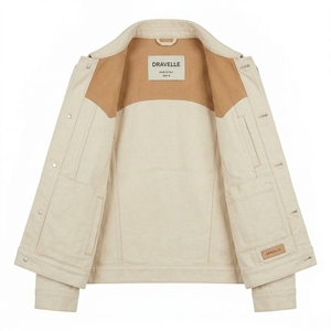 Veste en jean crème pour homme avec patchwork en cuir de vachette, coupe classique, manteau décontracté d'hiver - Product Image 5