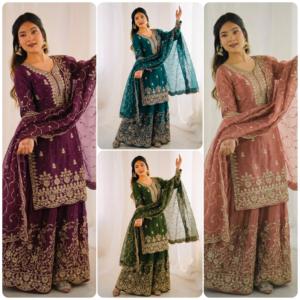 Conjunto Kurti Palazzo de Seda Bordada GMY con Dupatta, Mangas Largas, Listo para Usar, Traje Étnico Festivo para Mujeres y Niñas - Product Image 4