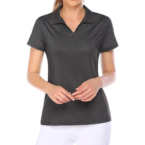 T-shirt en coton extensible respirant de haute qualité pour femme, élégant, gris foncé, à col, vêtement décontracté haut de gamme - Product Image 1