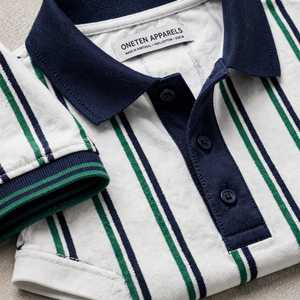 <b>Striped</b> <b>Polo</b> <b>Shirt</b> White Green Color Blocked Navy Collar Short Sleeve Sporty Top - Product Image 6