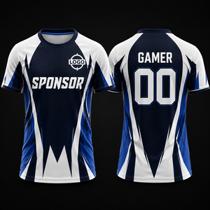 Camiseta Deportiva para eSports, Cuello Redondo, Sublimada, de Secado Rápido, Poliéster, Unisex, para Adultos, Blanca, Azul Marino - Product Image 1