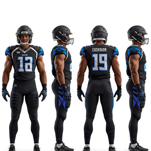 Ensemble de maillot et pantalon de football américain personnalisé noir et bleu électrique pour l'entraînement en équipe et les matchs de compétition - Product Image 5