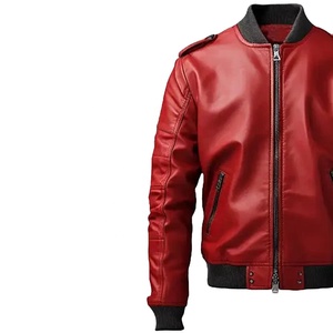 Blouson aviateur en cuir véritable rouge pour homme, personnalisé pour l'université, avec bordure côtelée et épaulettes, fermeture éclair, style motard - Product Image 4