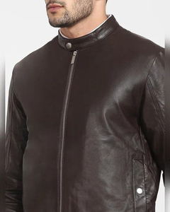 Blouson moto homme en cuir véritable marron foncé, coupe ajustée, fermeture éclair, col montant, vêtement d'extérieur pour l'automne - Product Image 2