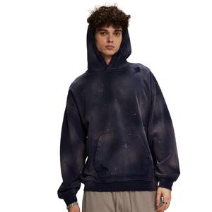 Men's Oversized Hooded Sweatshirt Dark Blue <b>Spray</b> Print Cotton Fleece Beaded Dip Dye Pocket Design Winter Streetwear - Product Image 1