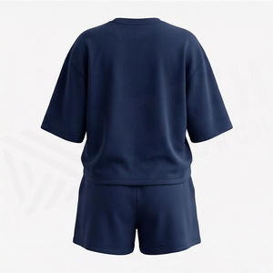 Ensemble 2 pièces en coton tricoté pour femme, haut à col rond et manches courtes, short au-dessus du genou, bleu marine uni, décontracté, printemps-été - Product Image 2