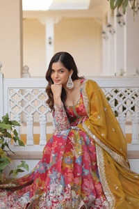 ชุด anarkali ผ้าไหมสีพีชพร้อมลายปัก zari และลำดับการทำงาน - Product Image 3