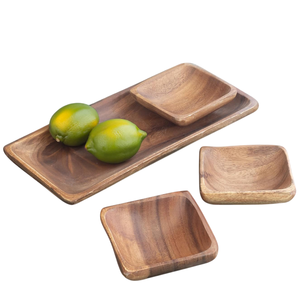 Ensemble de 4 plateaux en bois fabriqués avec de l'acacia comprenant un plateau rectangulaire et des bols carrés pour la cuisine, le restaurant ou le café - Product Image 1