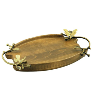 Greatest Quality Round Mango Wood <b>Tray</b> With Metal Handles For <b>Snack</b> Cookies And Tea Coffee Serving Platter For Table Organizer - Product Image 6