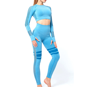 Women's Blue Yoga Set Long Sleeve <b>Crop</b> <b>Top</b> High Waist Leggings <b>Mesh</b> Breathable Seamless 2 Piece Workout Activewear - Product Image 1