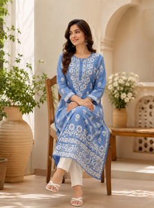 Best Selling Blue <b>Chikankari</b> Embroidered Kurti for Women Floral Ethnic Indian Long Tunic Traditional Casual Festive Wear - Product Image 3