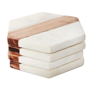 Ensemble de sous-verres hexagonaux personnalisés en résine et bois, sous-verres de luxe en bois d'acacia naturel et pierre pour la décoration de bar à domicile - Product Image 1