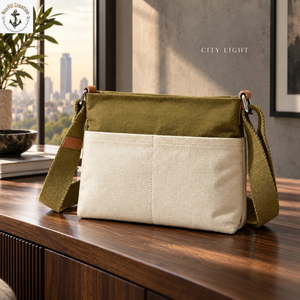 Two Tone Canvas Sling Bag with Front Pockets and Woven <b>Strap</b> | Olive Green <b>Crossbody</b> Shoulder Bag for Travel and Everyday Carry - Product Image 2