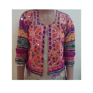 Tribal Indian Ethnic Banjara Jacket Women 100% Cotton Hand Embroidered Mirror Work Geometric Pattern Three Quarter Sleeve O-Neck - Product Image 1