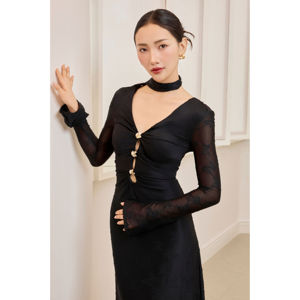 Vietnam KD75 Maxi Stretch butterfly-pattern lace DARK DAHILA - Lace Floral Knit Dress with Button-Front and Butterfly Dress - Product Image 1