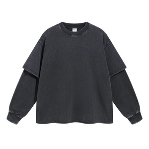 T-shirt Boxy Homme Personnalisé Sérigraphié 300 g/m² Coton Lavé Streetwear Vintage Effet Acide Double Couche Manches Longues - Product Image 4