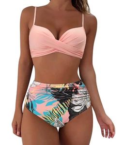 Conjunto de bikini de dos piezas para mujer, top halter cruzado, parte inferior de cintura alta, traje de baño elástico de color sólido - Product Image 4
