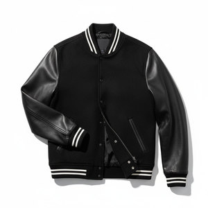 Veste varsity noire premium avec manches en cuir contrastées, veste letterman noire, manches en cuir, vestes varsity personnalisées - Product Image 1