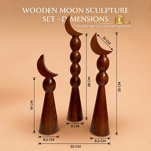 Premium Brown Gloss Wooden Moon Finial Set. Elegant <b>Stacked</b> Bead Design Pillars For Classic Home Luxury & Eid Tabletop Decor - Product Image 2