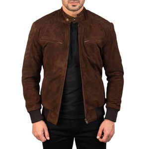 Blouson bomber en daim marron pour homme, col montant, fermeture éclair, veste décontractée d'automne - Product Image 1