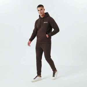 Survêtement à capuche marron pour homme, manches longues, couleur unie, décontracté, avec poches latérales et cordon de serrage - Product Image 1