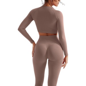 Conjunto de Yoga de 2 Piezas con Cintura Alta y Costuras Acanaladas en Color Naranja, Leggings Largos, Top Corto de Manga Larga con Cuello Redondo, Sin Costuras, de Spandex y Poliéster - Product Image 5