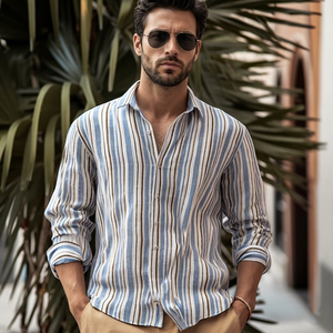T-shirt en coton et lin pour homme, nouvelle mode, décontracté, plage, rayé, respirant, manches longues, VARSITY SPORTS GEARS WA70 - Product Image 5