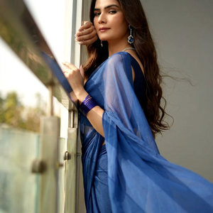 Elegante Vestido Maxi Azul de Gasa, Sin Mangas, Cuello en V, Semi-Entallado, para Fiestas Formales, Color Sólido - Product Image 3