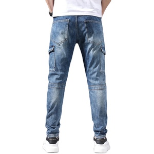 Jeans de Mezclilla Cargo para Hombre, Color Azul Sólido, Corte Ajustado, Cintura Media, Estilo Motociclista, con Cierres y Bolsillos, para Otoño, Tela de Algodón - Product Image 5