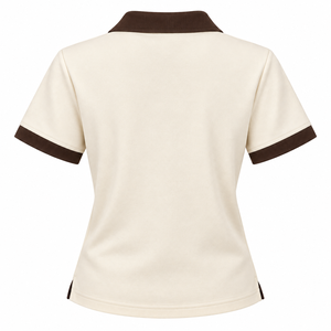 Polo para mujer Fly Humble, color crema, cuello marrón, manga corta, transpirable, tejido, ropa deportiva informal, precio al por mayor con personalización. - Product Image 4