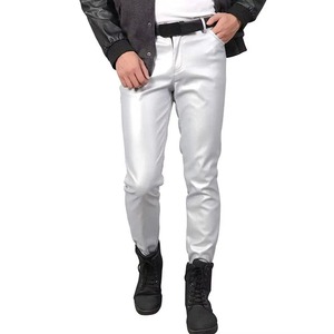 <b>Men's</b> <b>White</b> PU Coated Straight Fit Casual <b>Pants</b> With Belt Mid Waist Zipper Fly - Product Image 1