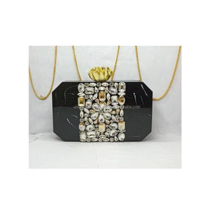 Embrague de resina gris con adornos dorados y de cristal Monedero de noche de diseñador hecho a mano Bolso de mujer al por mayor a granel - Product Image 5