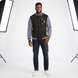 Custom <b>Black</b> and Grey <b>Fleece</b> Varsity <b>Jacket</b> KVJ121 Embroidered Chenille Patches Collarless Design for <b>Men</b> and Women - Product Image 2